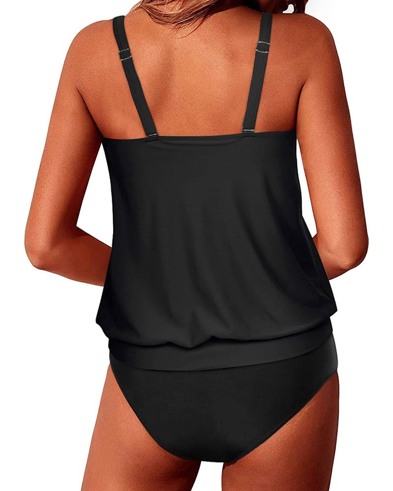 Yonique Two Piece Tankini Swimsuits for Women Blouson Bathing Suits Modest Swimwear Black S - Image 2